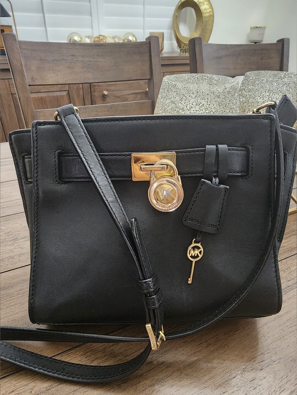 Michael Kors Black Leather Crossbody Bag with Gold Hardware & Lock&key Mini Tote